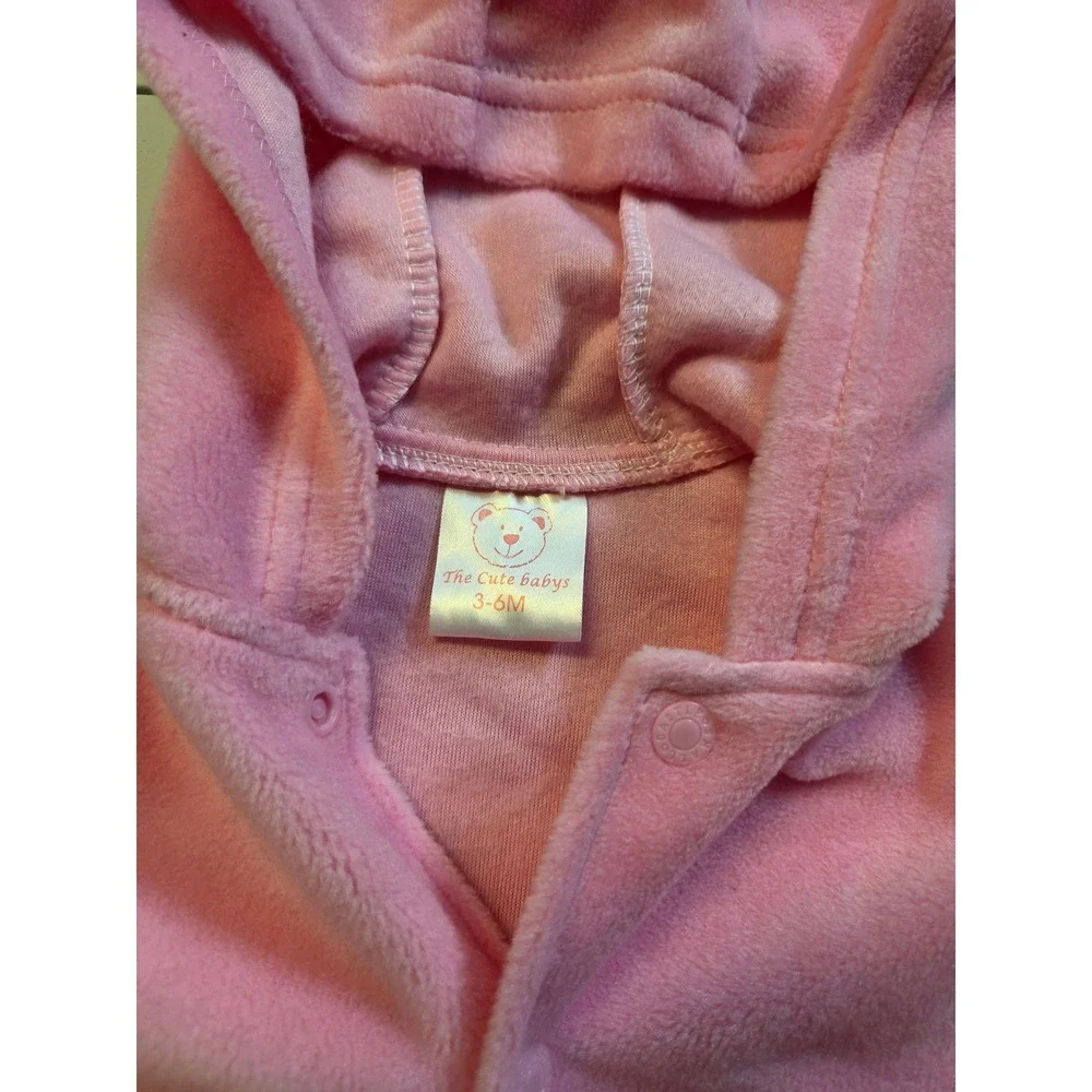 The Cute Babys Pink Fleece Bear Footed Hooded Sleeper 3-6M Striped Sleeves